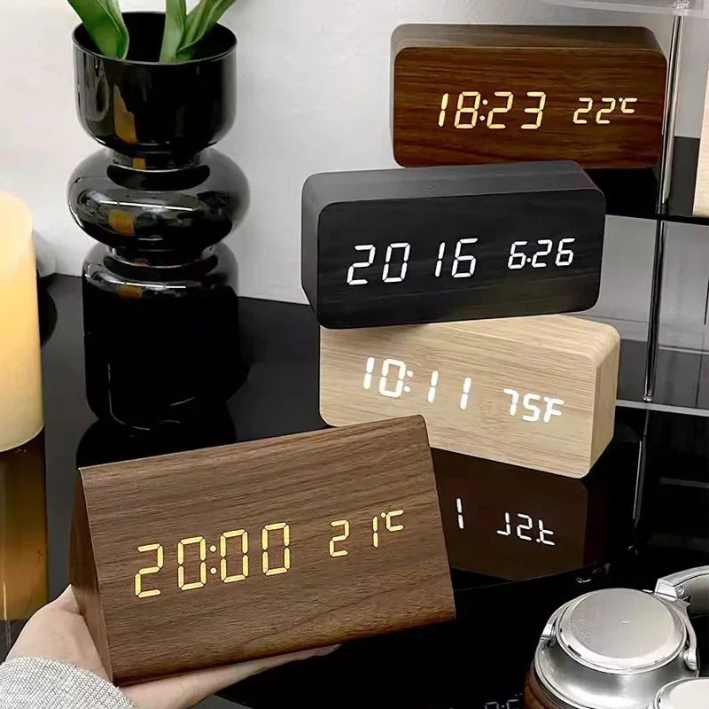 Modern minimalist LED alarm clock with voice control, perfect for contemporary bedroom decor.