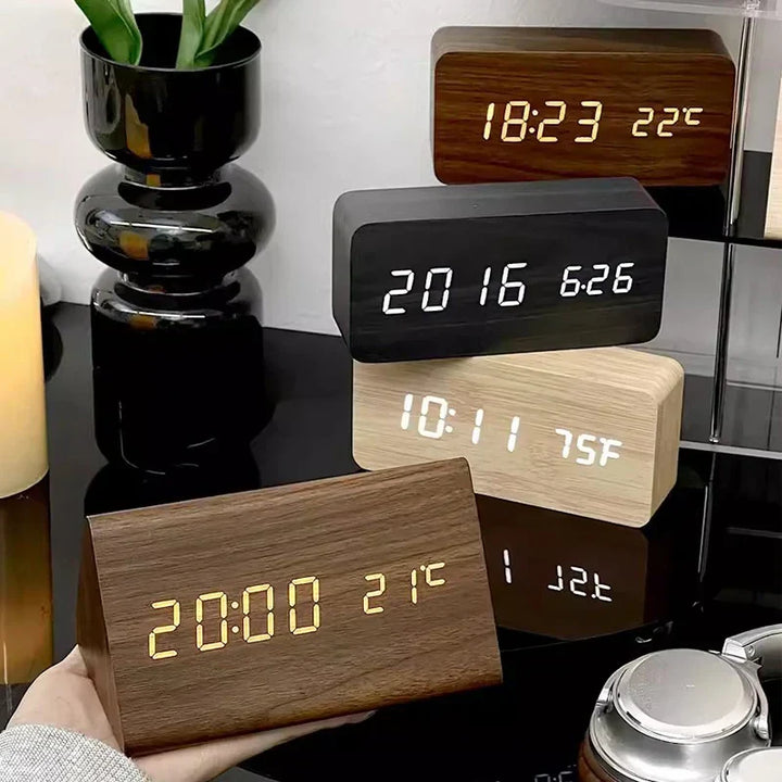 Modern minimalist LED alarm clock with voice control, perfect for contemporary bedroom decor.