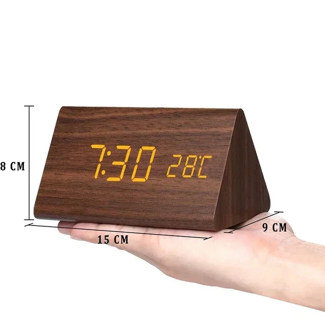 Digital smart LED alarm clock with intuitive voice control, enhancing any office or bedroom.