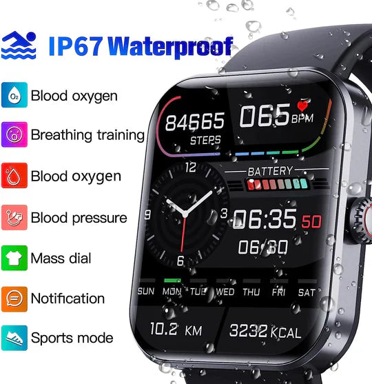 Smartwatch with sleek design for non-invasive glucose monitoring, fitness, heart, and sleep tracking, black and gold options.
