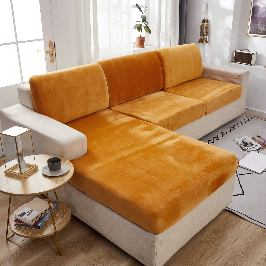 "Smoke velvet sectional sofa cover, snug fit, enhances decor, protects against stains and wear, ideal for pet-friendly homes.