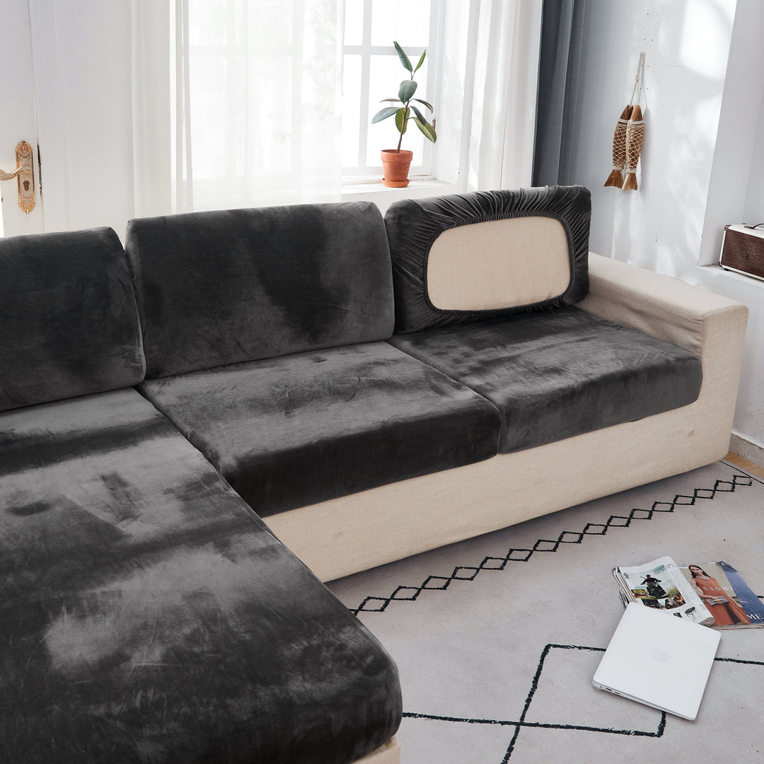 "Smoke velvet sectional sofa cover, snug fit, enhances decor, protects against stains and wear, ideal for pet-friendly homes.