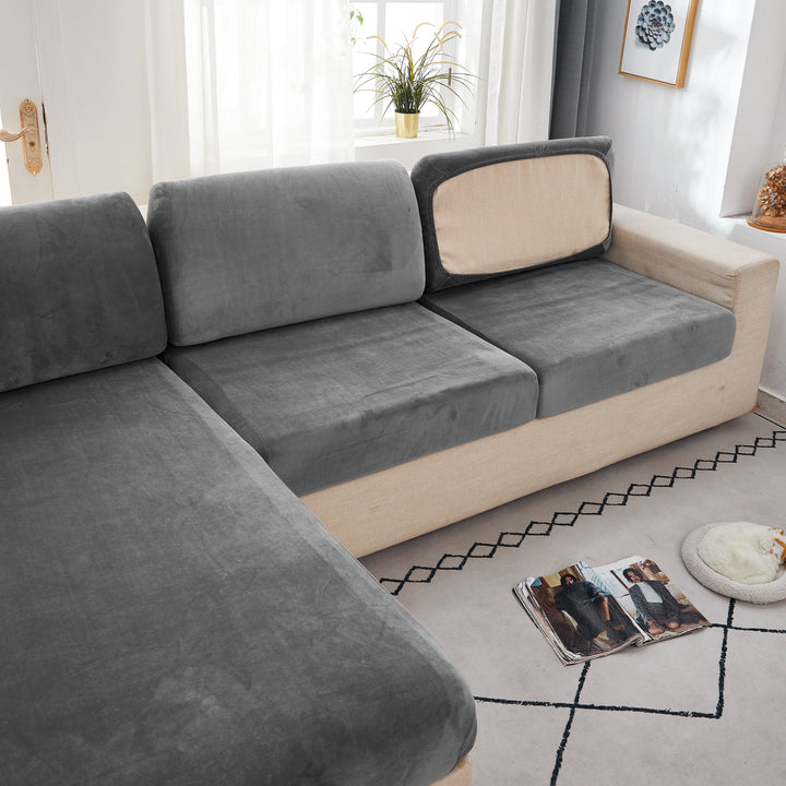 "Smoke velvet sectional sofa cover, snug fit, enhances decor, protects against stains and wear, ideal for pet-friendly homes.