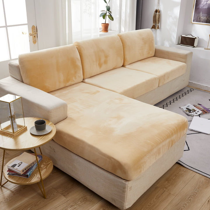 "Smoke velvet sectional sofa cover, snug fit, enhances decor, protects against stains and wear, ideal for pet-friendly homes.