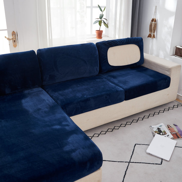 "Smoke velvet sectional sofa cover, snug fit, enhances decor, protects against stains and wear, ideal for pet-friendly homes.