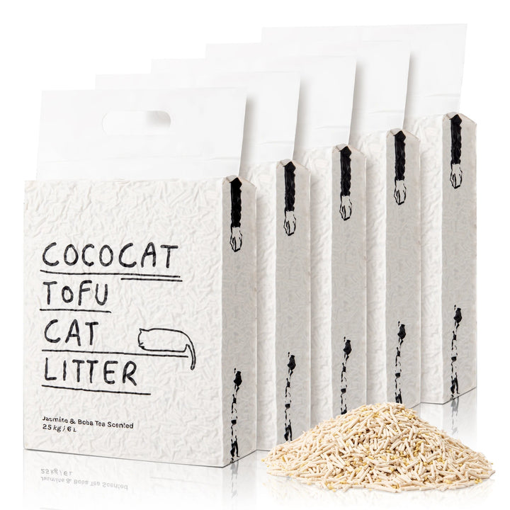 "Soft beige tofu cat litter, eco-friendly, plant-based, flushable, ideal for sensitive paws; enhances home decor."