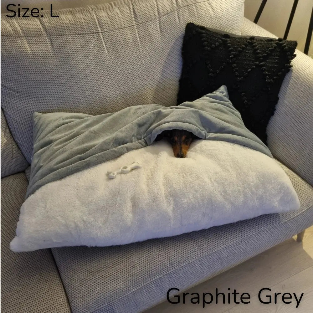 Soft dog bed, the CuddleNest Lounger, providing anxiety relief & cozy comfort for burrowing pets. Washable pet lounger.
