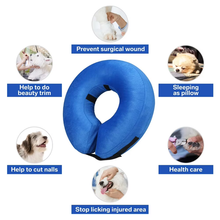 Adjustable dog recovery collar, inflatable & soft, offering superior pet comfort & wound protection.