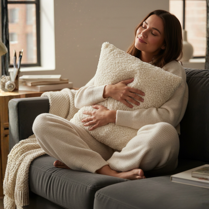 Soft plush teddy cushion cover for cozy home decor, fluffy and inviting comfort.