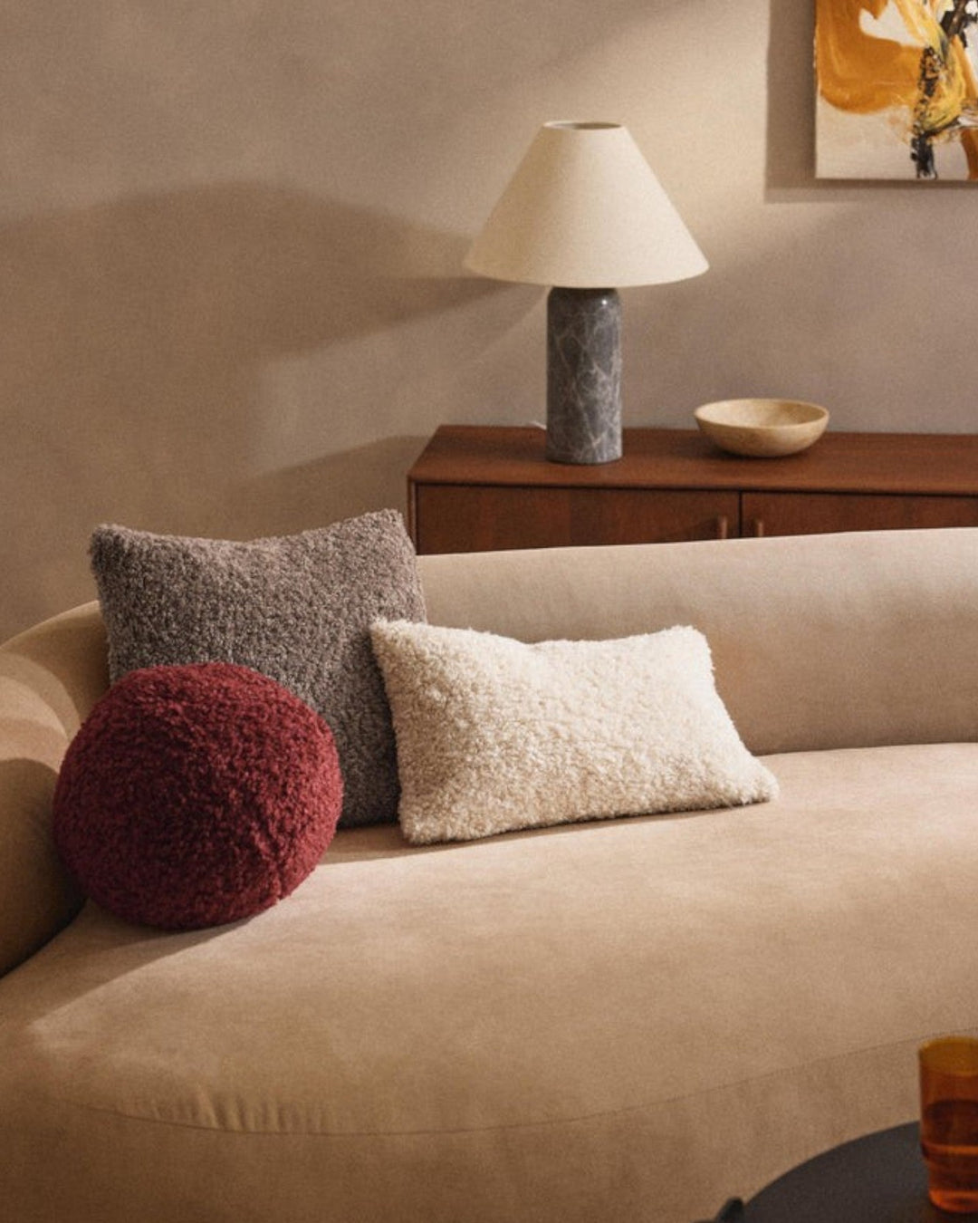 Plush teddy cushion cover for sofa, soft fluffy texture, makes your living room extra cozy.