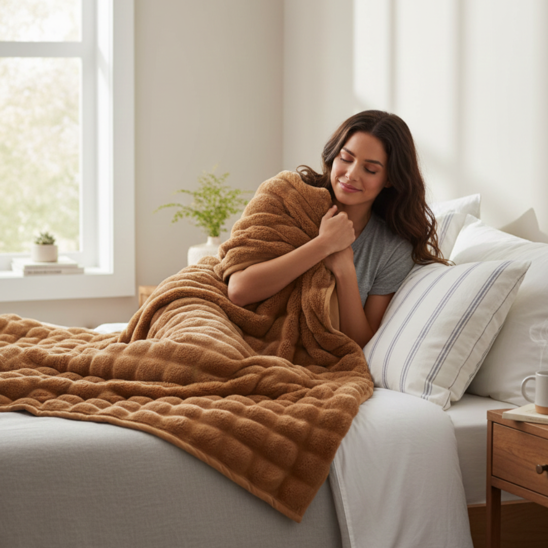 Soft white plaid fleece blanket, sustainably made from recycled materials, perfect for cozy home comfort.