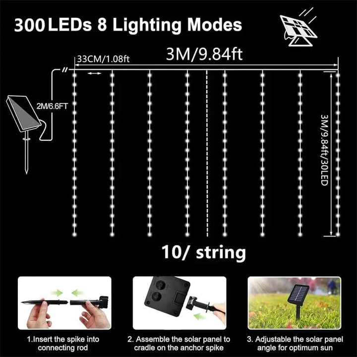 "Solar LED curtain light with copper wire, ideal for events, featuring warm white LEDs and solar power, outdoor use."