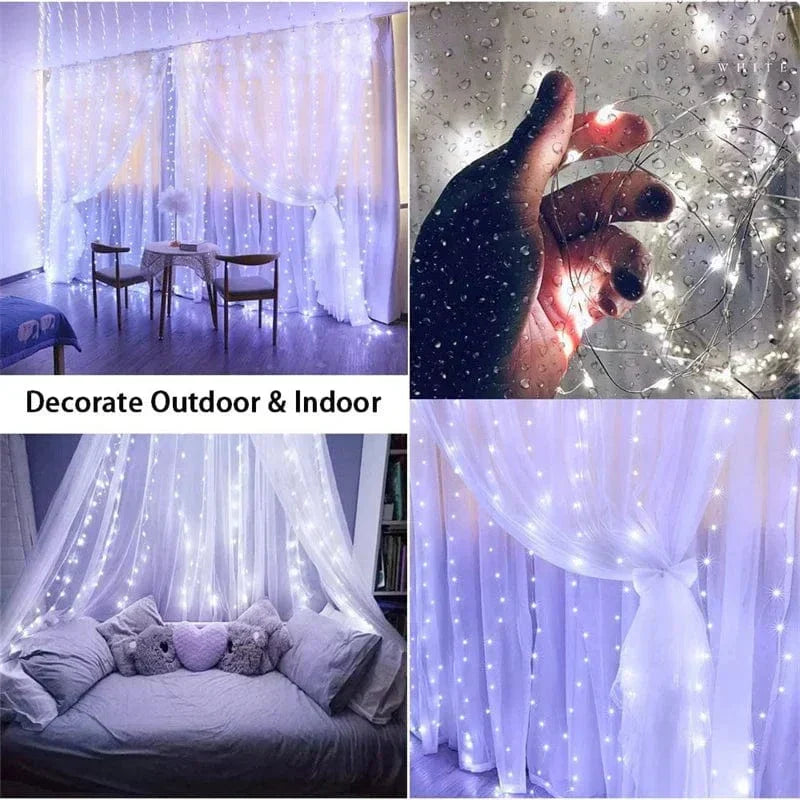 "Solar LED curtain light with copper wire, ideal for events, featuring warm white LEDs and solar power, outdoor use."
