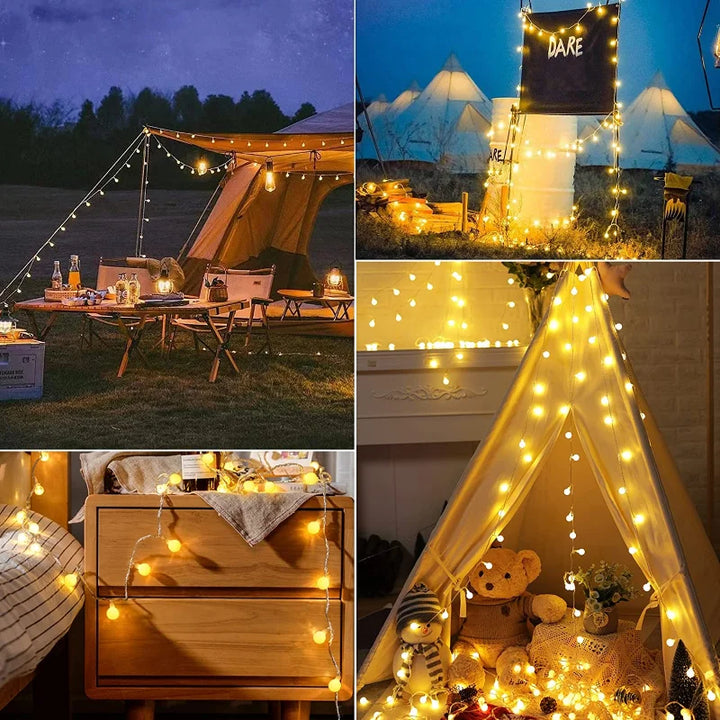 Bright LED festoon string lights, solar-charged for energy-efficient outdoor garden & patio decor.