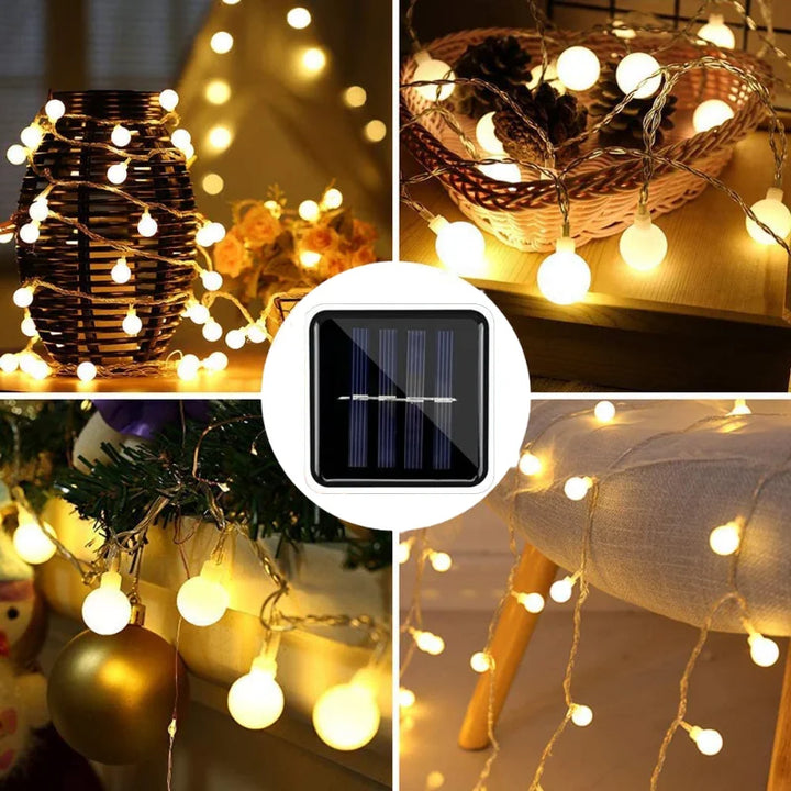 Versatile solar LED festoon string lights, waterproof & eco-friendly, for garden & patio decor.