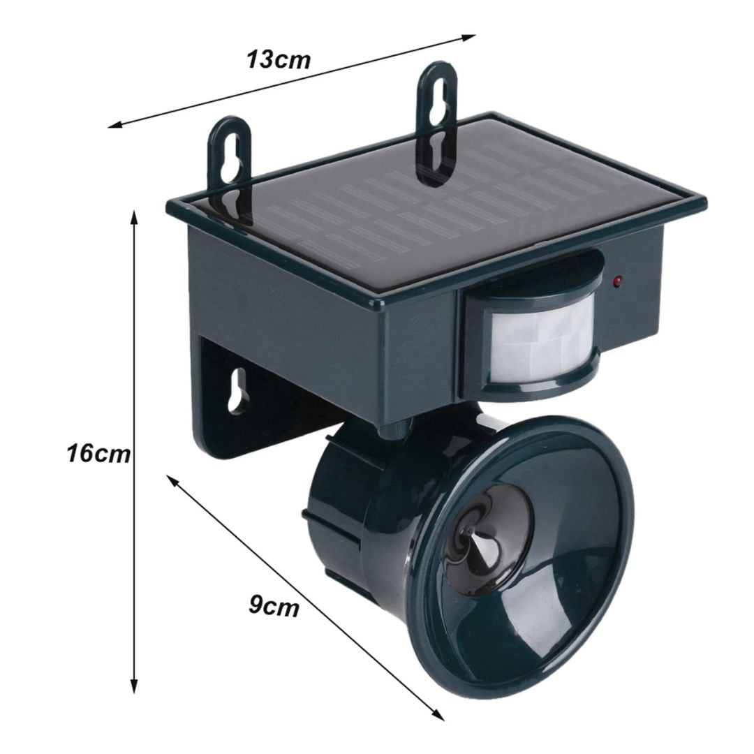"Solar-powered motion sensor bird repeller, green and gray, for eco-friendly outdoor pest control in gardens and patios."