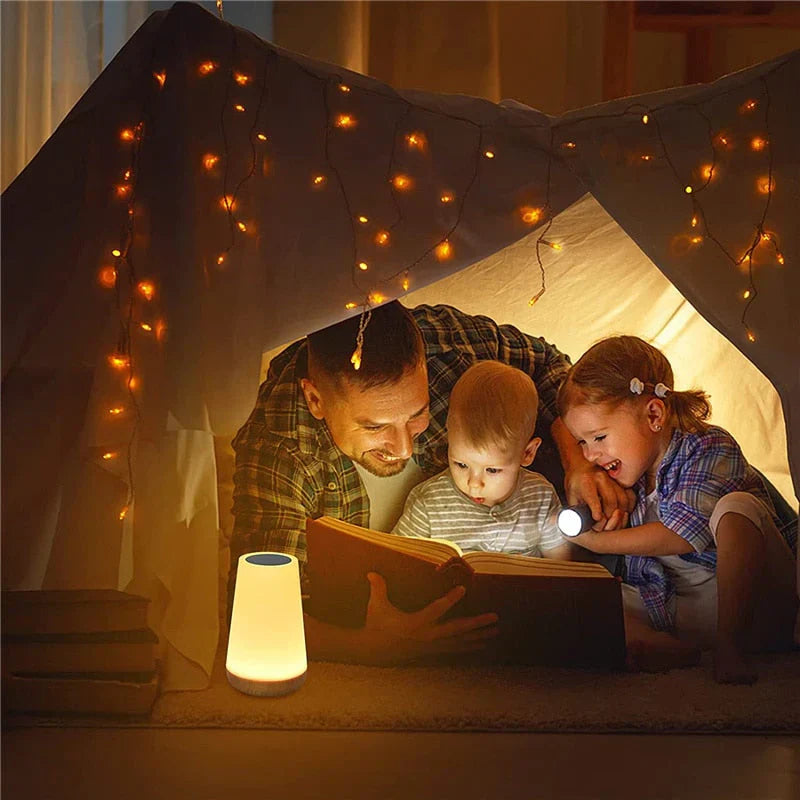 Bedside LED night light lamp, Soothing Magical LumiSeren. USB rechargeable with touch control for relaxation.