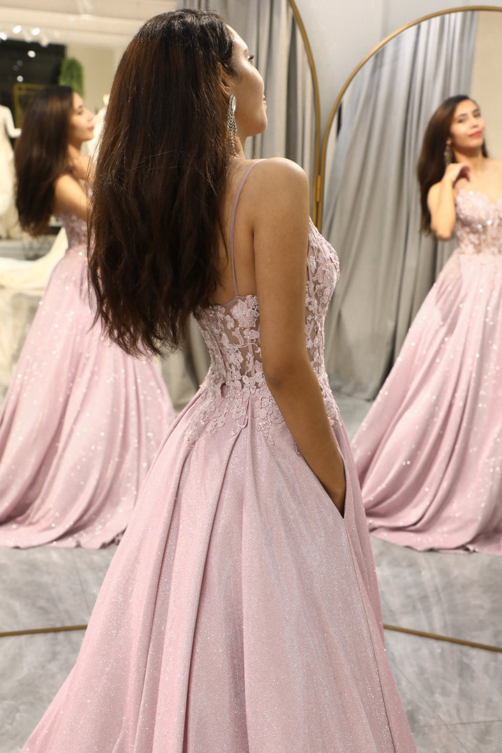Clara sparkling blush A-line floor-length gown with spaghetti straps. Ideal formal evening or special occasion dress.