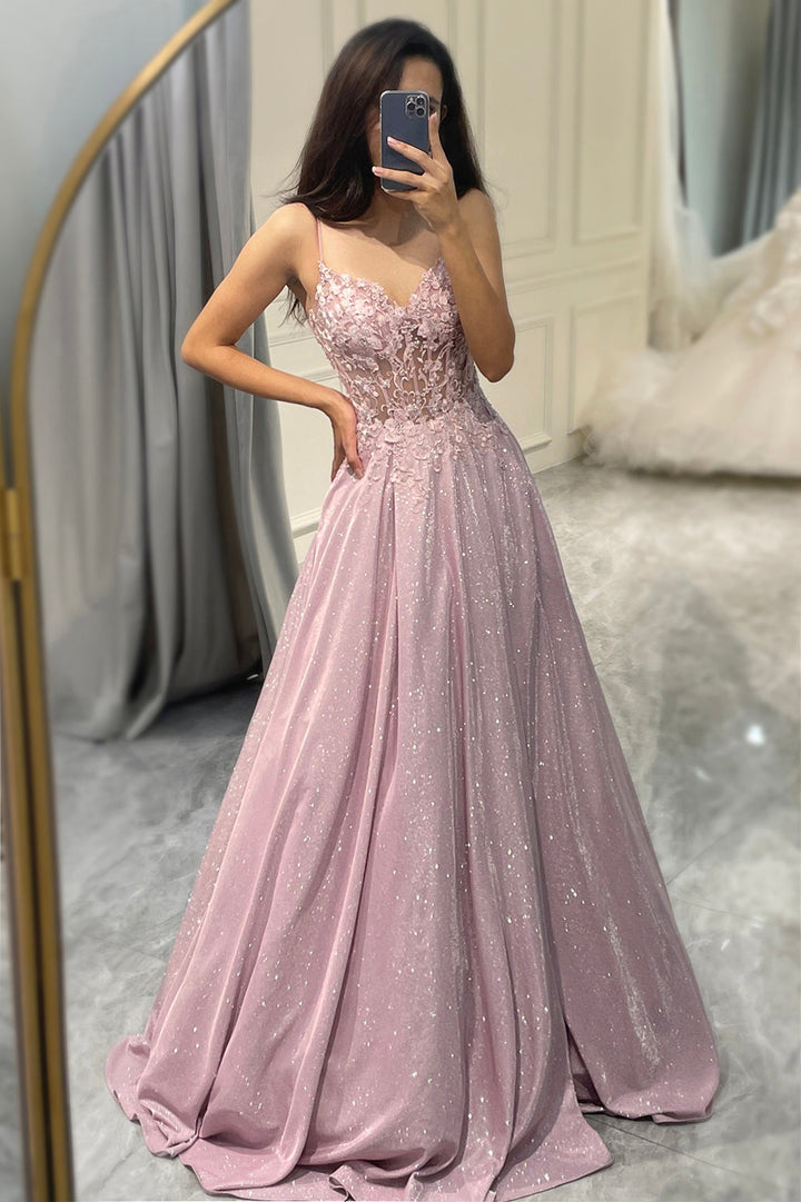 Blush pink sparkling A-line women's gown, elegant V-neck design. Perfect formal dress for proms or special occasions.