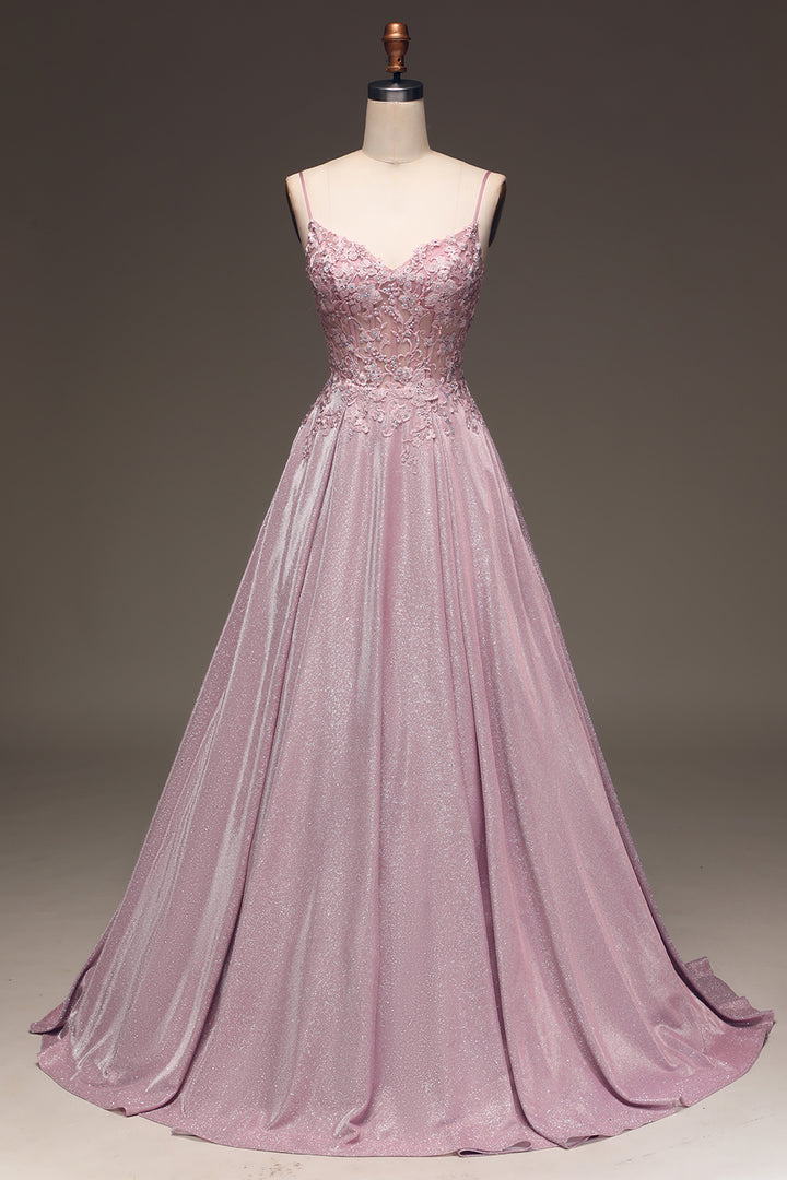Glamorous women's sparkling blush A-line ball gown, V-neck, floor-length. Ideal prom dress or evening wear.