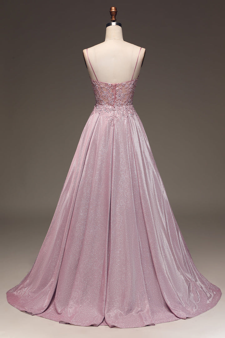 Clara sparkling blush A-line formal gown. V-neck, spaghetti strap evening dress. Perfect for proms & special events.