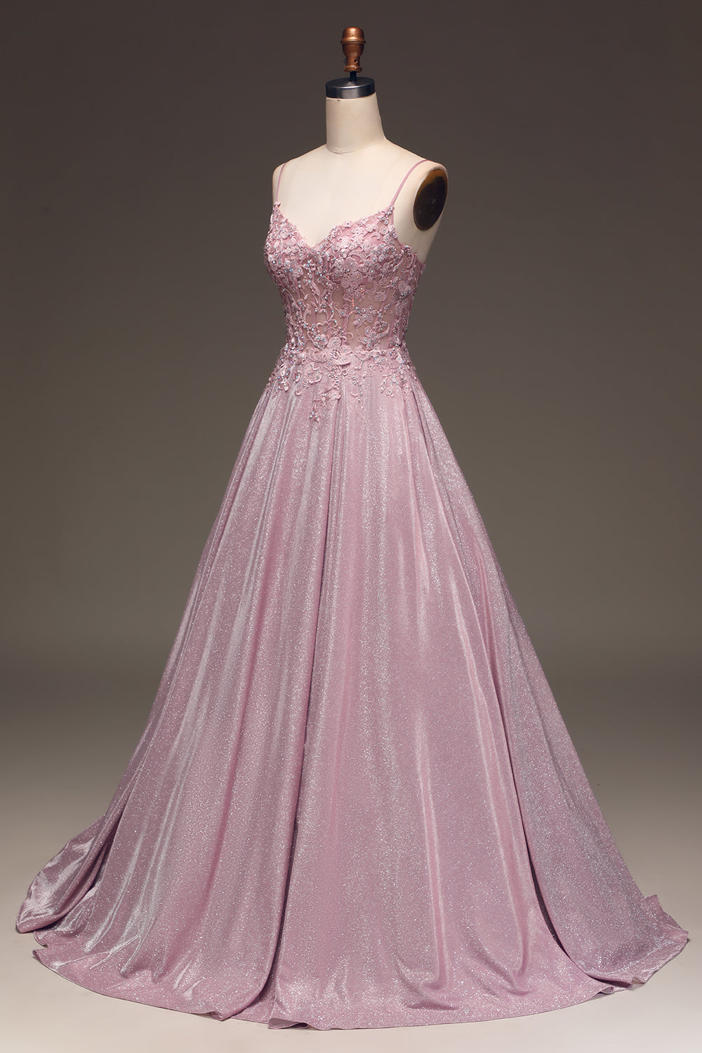 Elegant sparkling blush A-line ball gown for women. Floor-length, V-neck. Ideal for formal events & wedding guests.