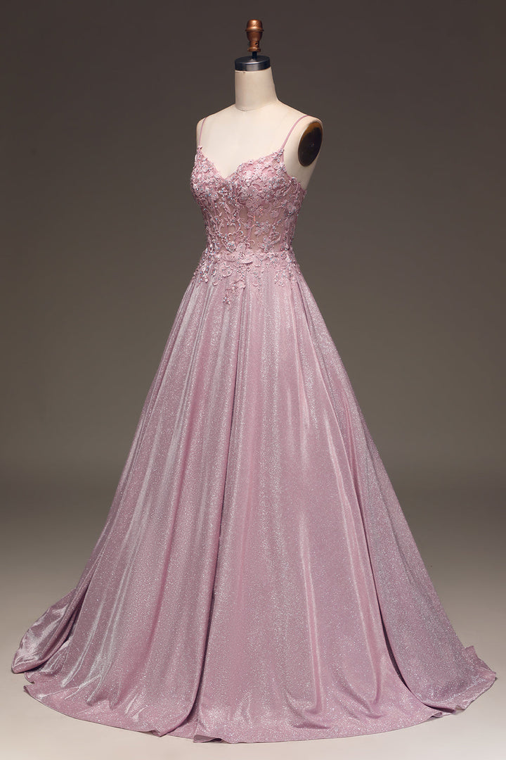 Elegant sparkling blush A-line ball gown for women. Floor-length, V-neck. Ideal for formal events & wedding guests.