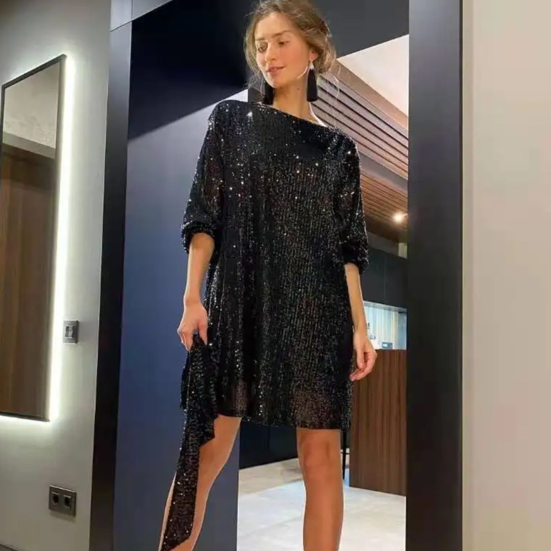 Elegant women's Glitter Glamour Louise Dress with shimmering sparkle, ideal for stylish evening fashion.