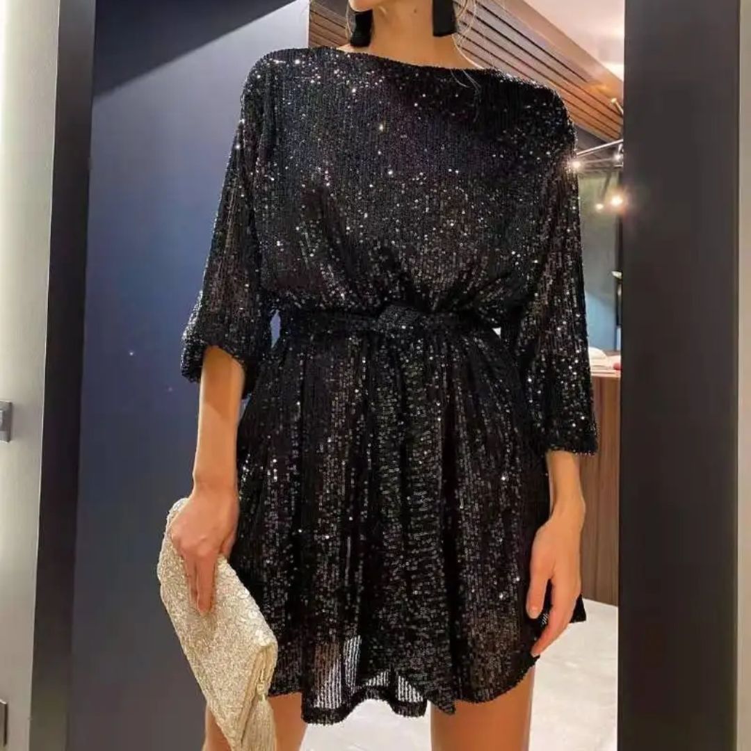 Women's Louise dress in Glitter Glamour fabric, a stunning party or cocktail dress with a beautiful shine.
