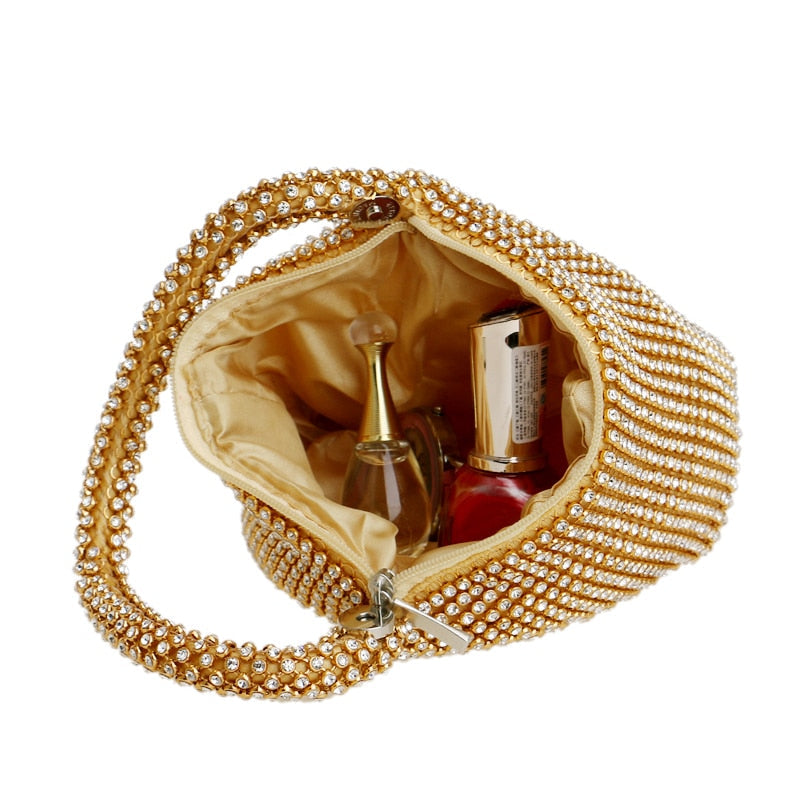 Elegant gold rhinestone clutch handbag for women, perfect evening bag with shimmering detail.