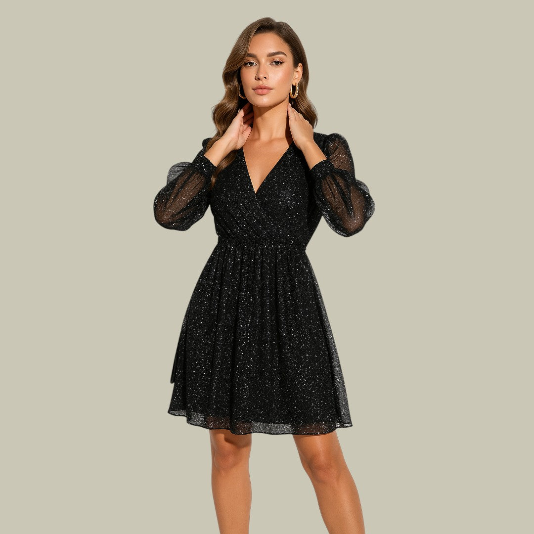 Women's long sleeve sequin mini dress in a dazzling V-neck design, ideal for evening wear, parties & holidays.