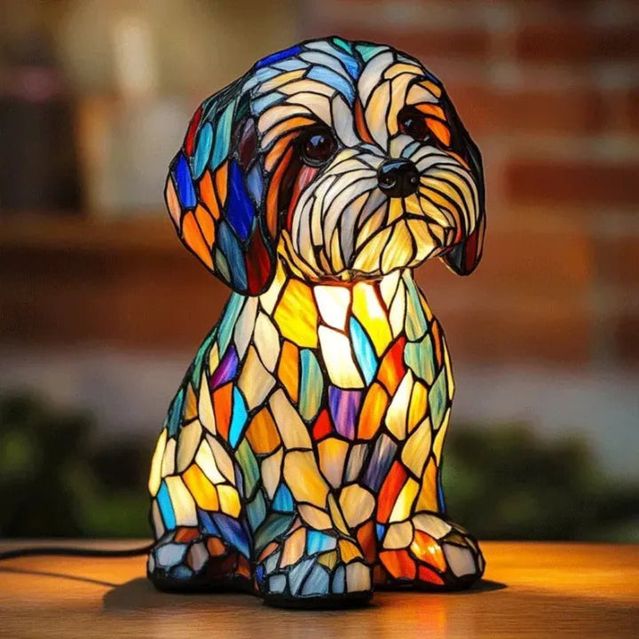 Stained glass dog table lamp, decorative mosaic animal light. Perfect unique home decor for dog lovers.