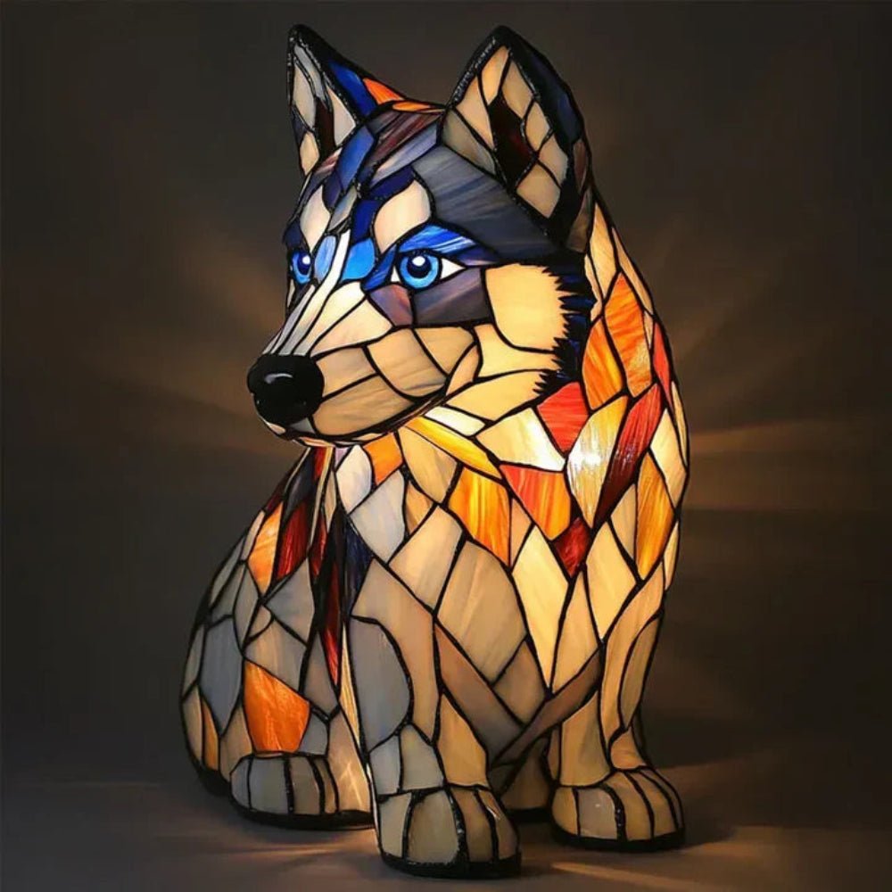 Decorative stained glass dog lamp, unique mosaic animal light for pet decor. A lovely table accent piece.