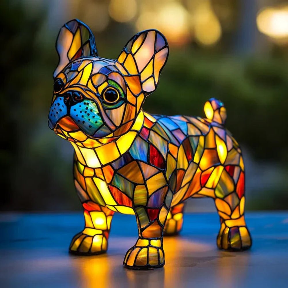 Mosaic dog table lamp, handcrafted stained glass pet decor. An elegant animal accent light for any room.