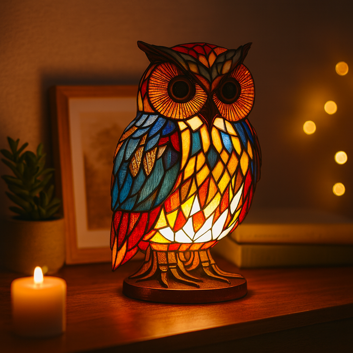 Stained glass effect animal table lamp, a whimsical decorative accent for unique home decor.