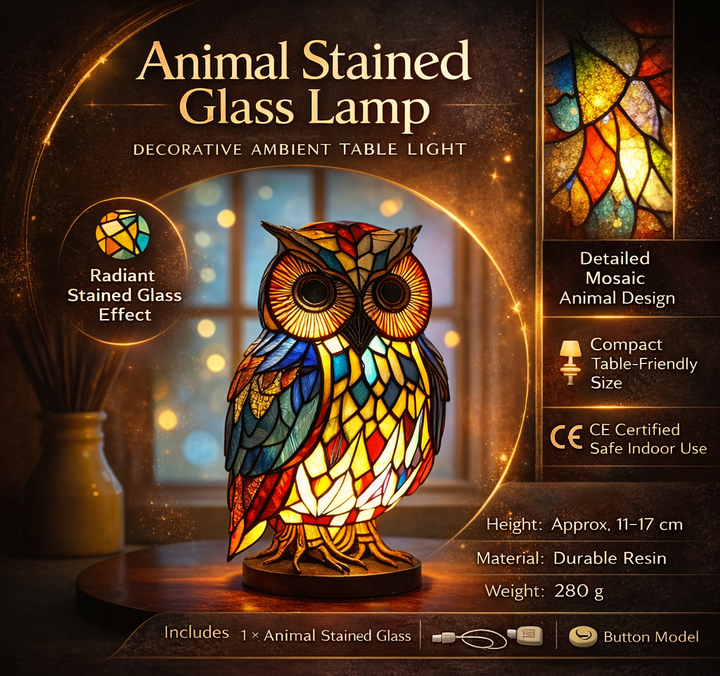 Whimsical animal stained glass effect table lamp, a charming resin decorative accent for any room.
