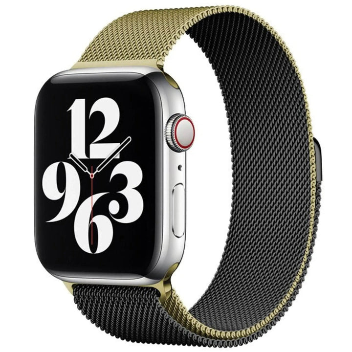 Stainless mesh band for Apple Watch; sleek, magnetic closure, Milan-inspired design, adjustable for men and women.