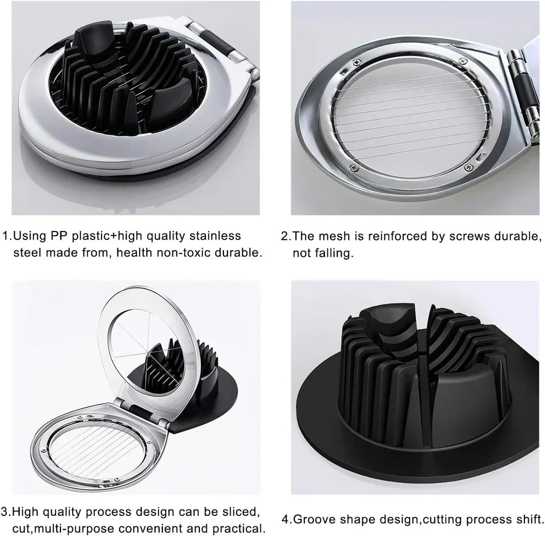 Stainless Steel 3-in-1 Egg Slicer with durable wires, ergonomic design; slices eggs, mushrooms, fruits easily for top present