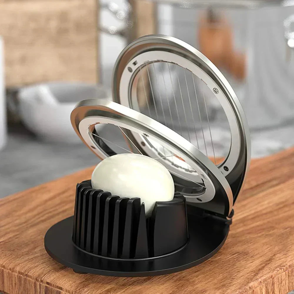 Stainless Steel 3-in-1 Egg Slicer with durable wires, ergonomic design; slices eggs, mushrooms, fruits easily for top present