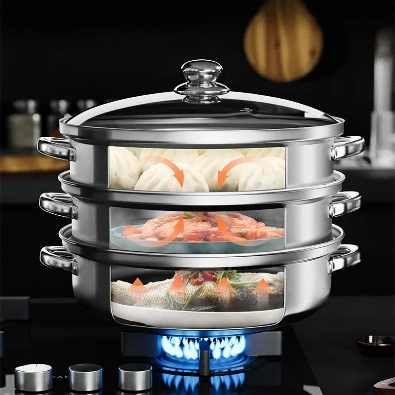"Stainless steel 3-tier steamer with glass lid and handles, ideal for healthy cooking, steaming vegetables, fish, and dumplin