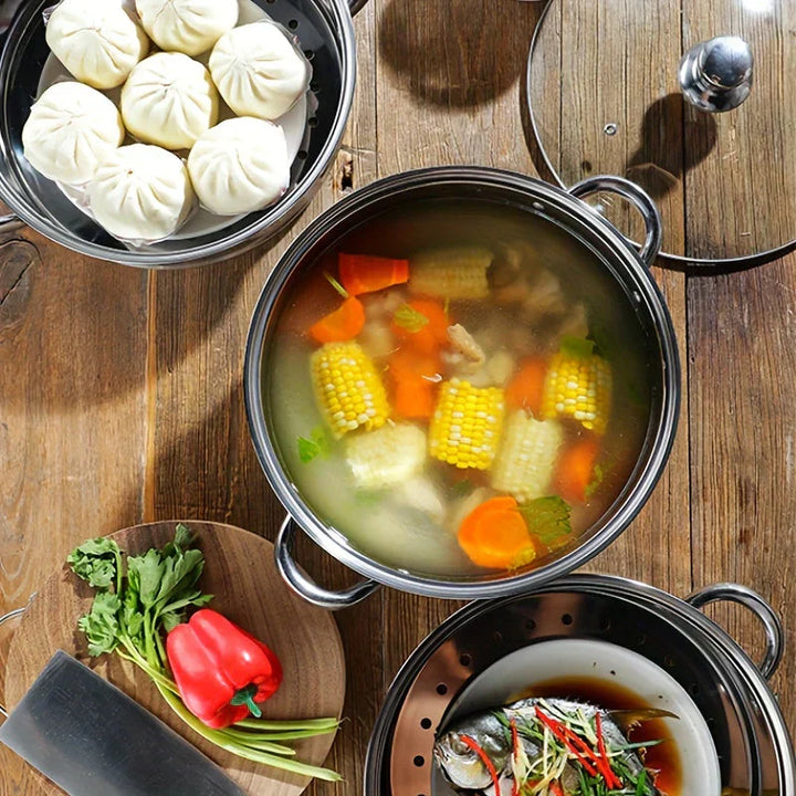 "Stainless steel 3-tier steamer with glass lid and handles, ideal for healthy cooking, steaming vegetables, fish, and dumplin