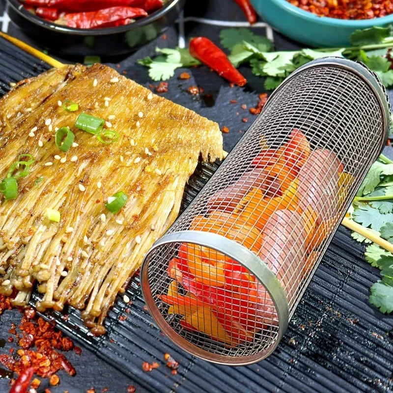 "Stainless steel BBQ rolling basket with mesh design for even grilling, shown with food; essential for outdoor cooking."