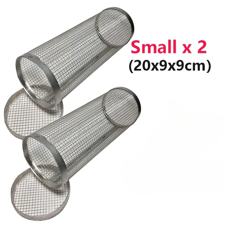 "Stainless steel BBQ rolling basket with mesh design for even grilling, shown with food; essential for outdoor cooking."