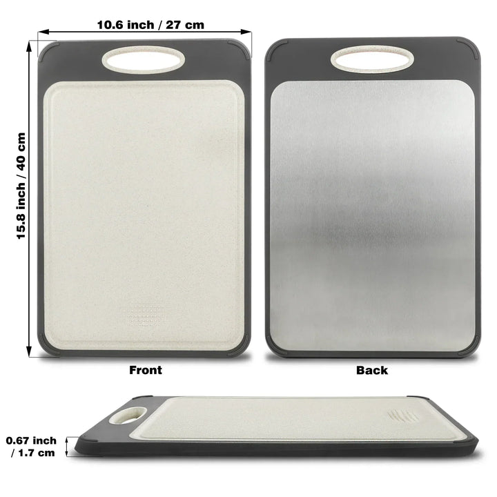 Stainless steel cutting board with a smooth finish and non-slip ergonomic handle, ideal for precise and hygienic kitchen prep