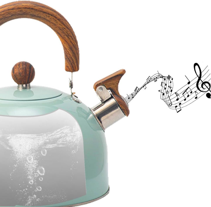 "Stainless steel whistling kettle with insulated handle, sleek design; kitchen essential for all stovetops, 3L capacity."