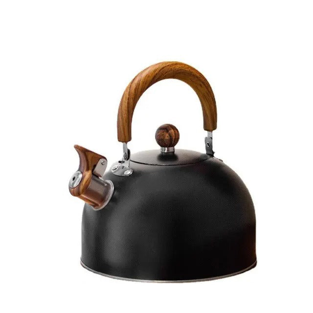 "Stainless steel whistling kettle with insulated handle, sleek design; kitchen essential for all stovetops, 3L capacity."