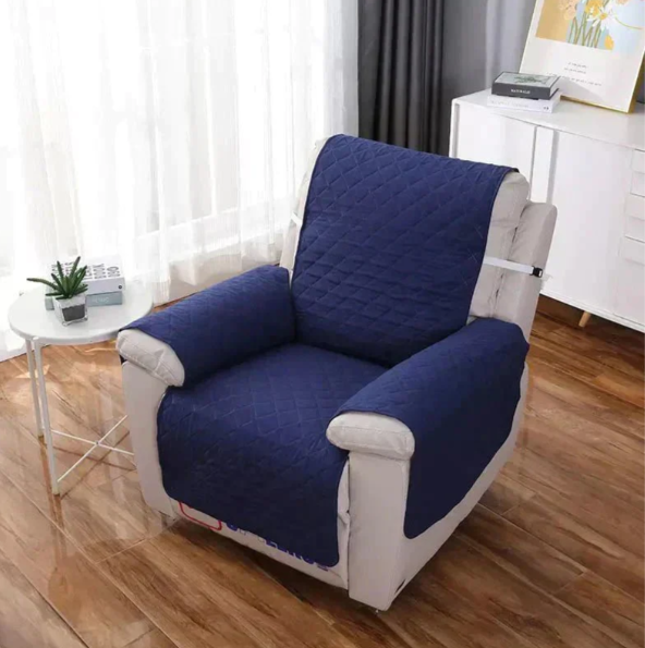 "Stretchable quilted recliner cover in grey, showcasing universal fit and plush, textured comfort for home seating protection