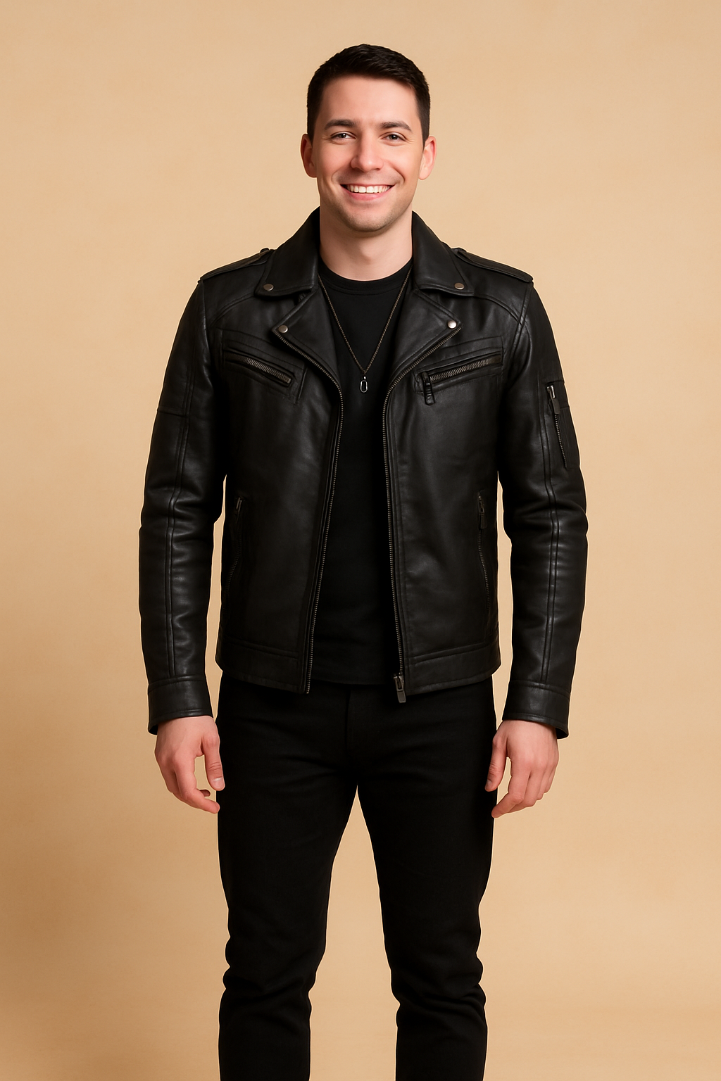 Stylish men's black motorcycle biker jacket, perfect for urban adventures & casual wear. Features zip closure.