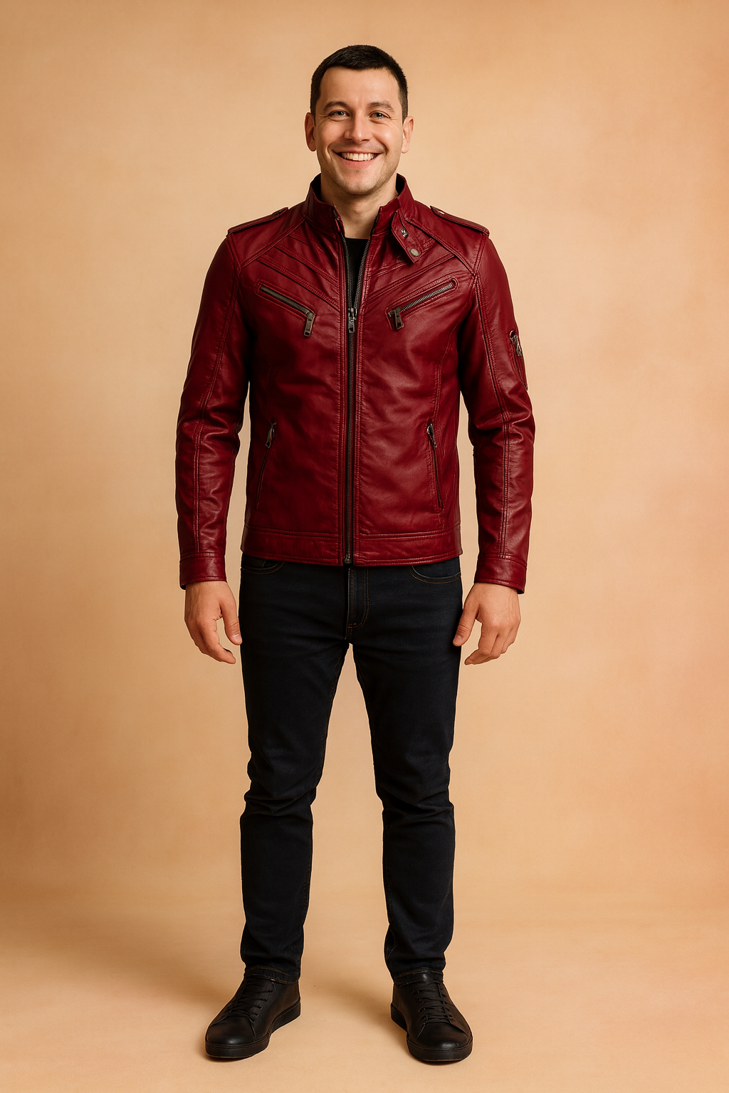 Men's modern multi-pocket biker jacket, ideal for daily adventures & casual style. Durable men's outerwear.