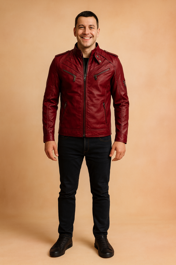 Men's modern multi-pocket biker jacket, ideal for daily adventures & casual style. Durable men's outerwear.